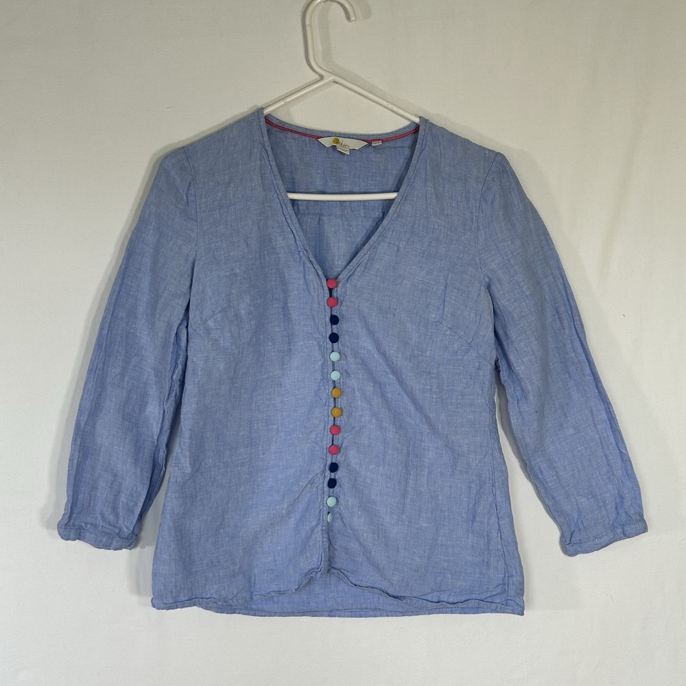 Boden Shirt 100% Linen Chambray Blue Covered Buttons Long Sleeves Size 2